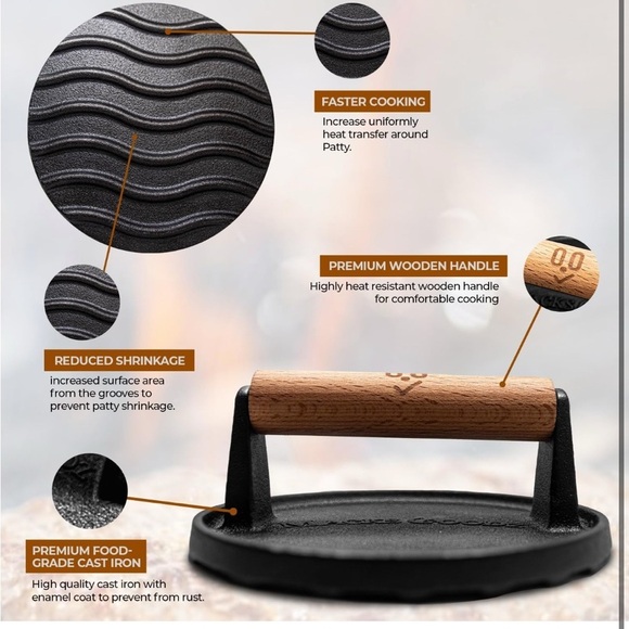 Macks Goods Cast Iron Burger Press with Wooden Handle (063) - Picture 4 of 5